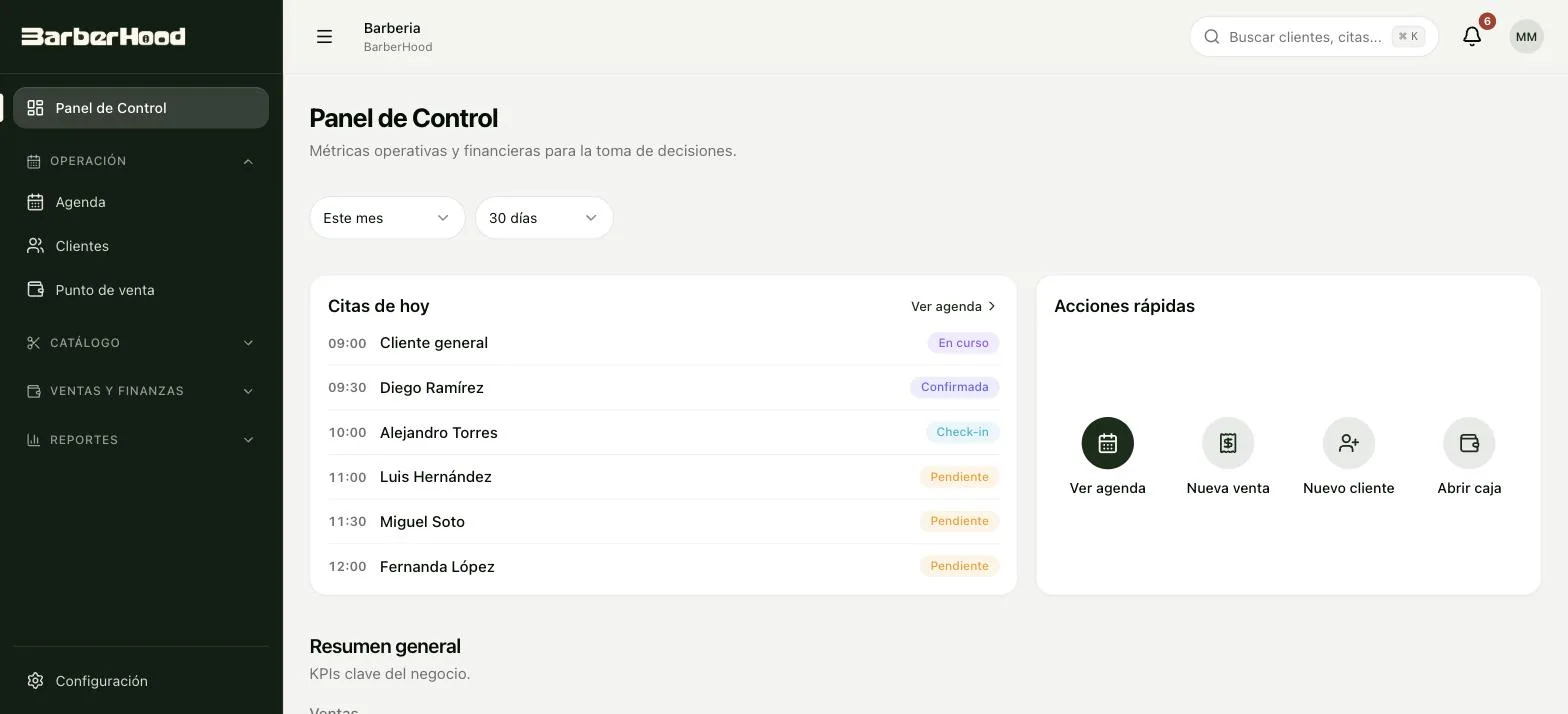 Panel de Control de BarberHood con las citas del día y acciones rápidas