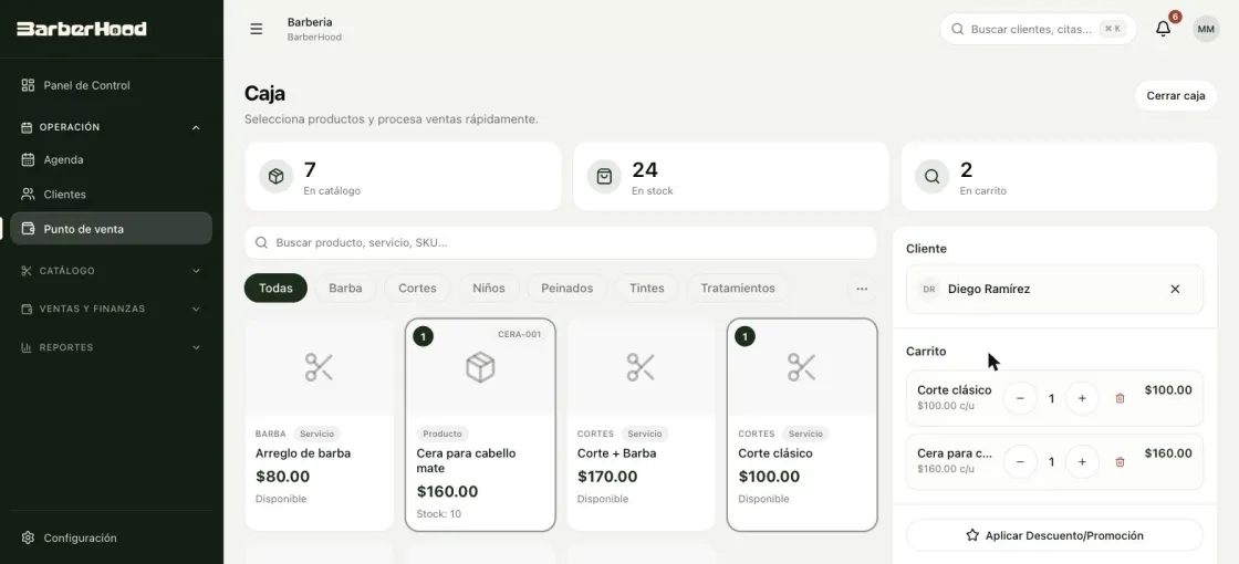 Punto de venta con catálogo de servicios, carrito y cliente asociado