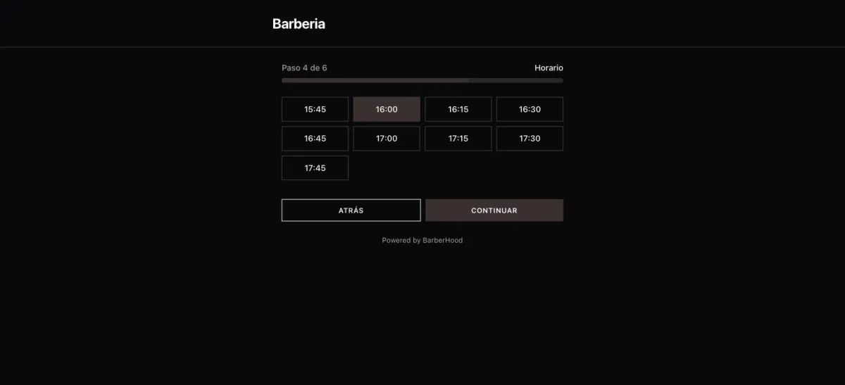 Paso de horario del asistente de reserva en línea, con los slots disponibles del día