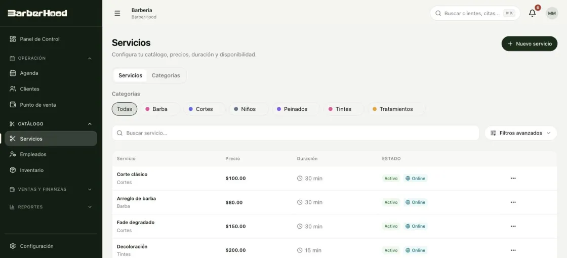 Catálogo de servicios con precio, duración y visibilidad online
